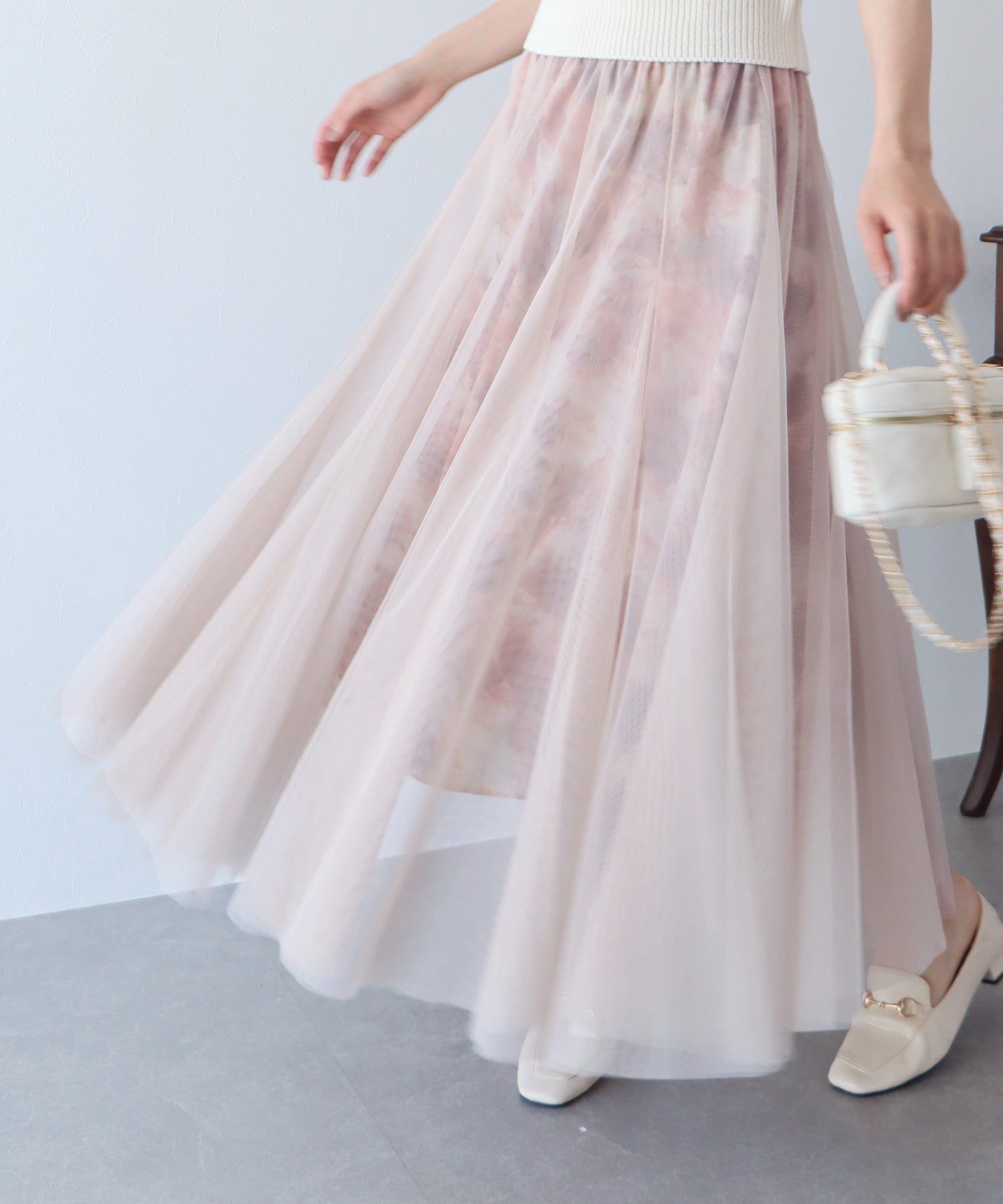 日本 BLUE EAST - 浪漫印花雙層紗裙-卡其