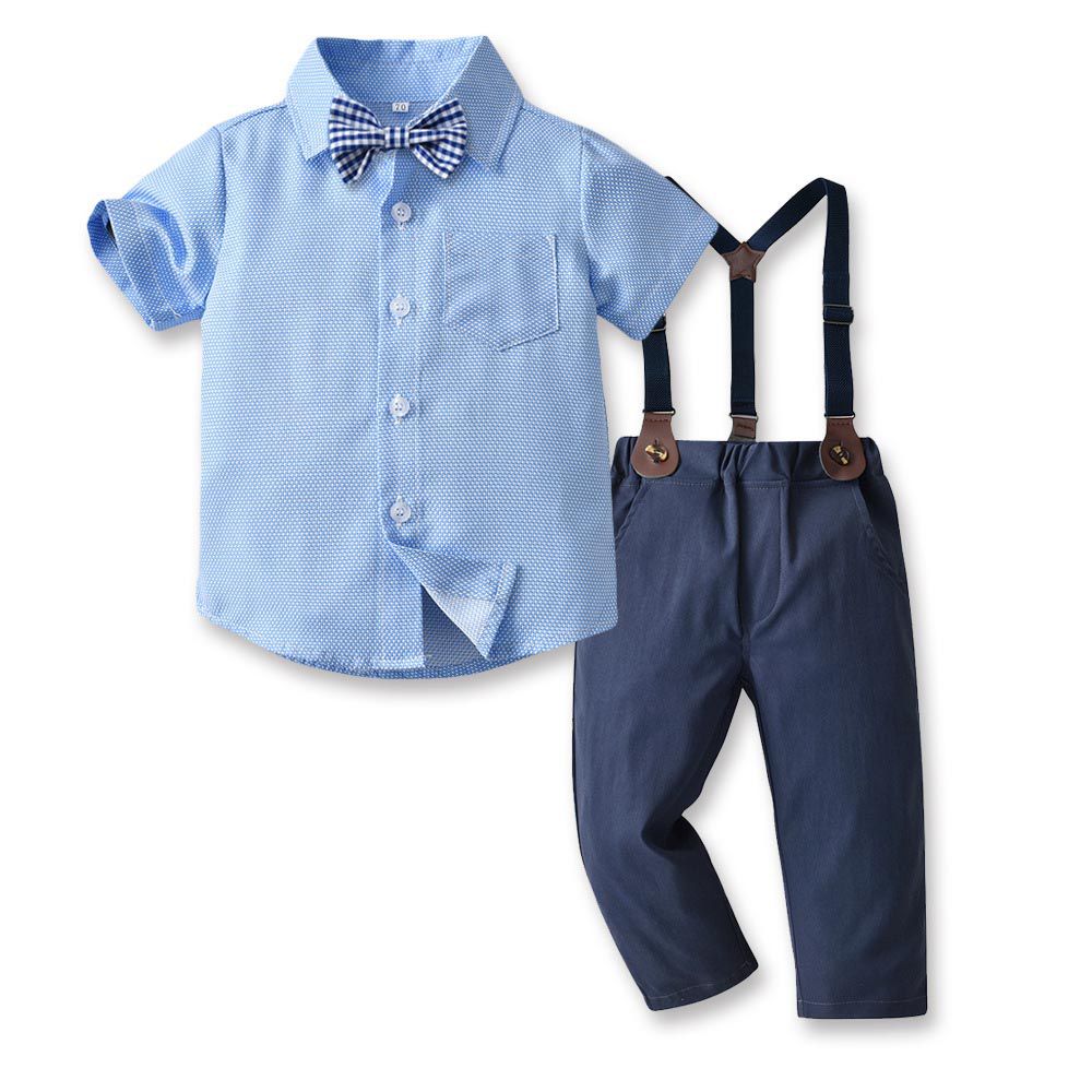 TemDoger - 小紳士短袖襯衫+長褲套裝-藍色