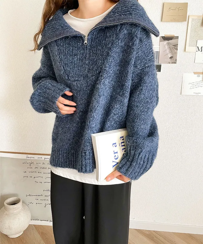 日本 Classical Elf - Java 半拉鏈率性寬鬆素面毛衣-綠