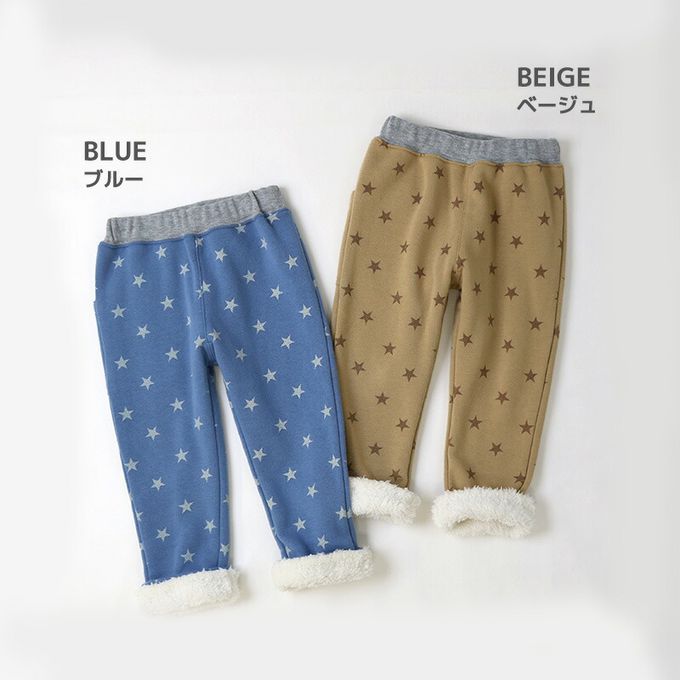 日本 ZOOLAND - 熊耳口袋滿版星星裏毛長褲-卡其