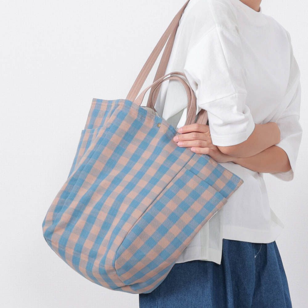 [定番]印度棉大容量2way手提包(15L)-藍棕格紋 (約34x46x20cm)