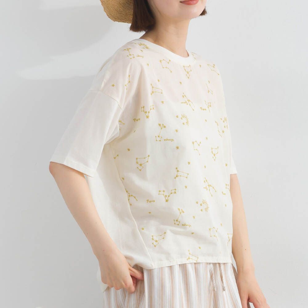 唯美刺繡舒適棉短袖上衣-星座-米白