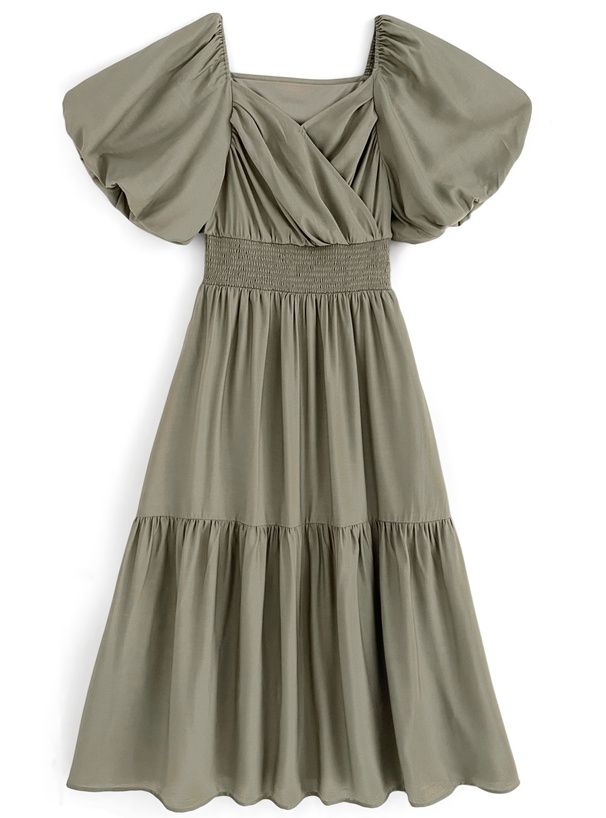 日本 GRL - 浪漫圓舞曲泡泡袖雪紡洋裝-高原綠