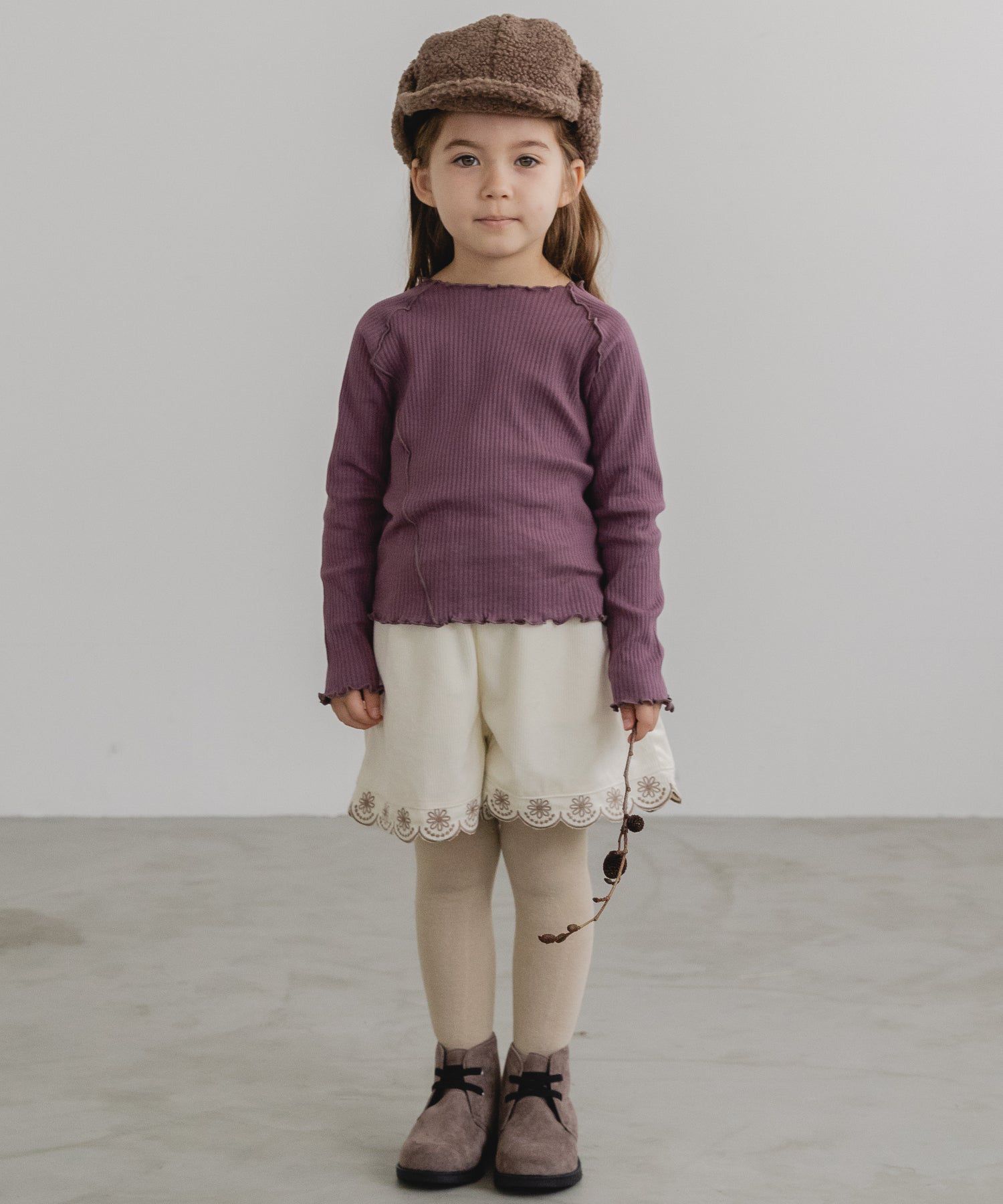 日本 PAIRMANON - 棉100% 羅紋不規則捲捲薄長袖上衣-孩子-葡萄紫