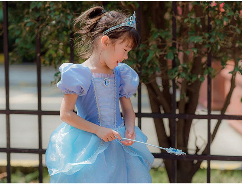 公主寶石裝飾網紗洋裝-藍色