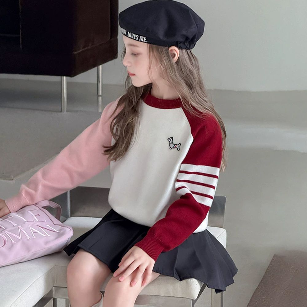 元氣學院風撞色針織上衣-紅色