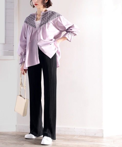 日本 Classical Elf - 光澤感細褶垂墜感長褲-焦糖棕