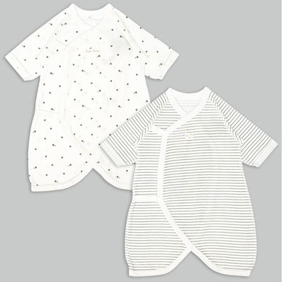 akachan honpo - 長袖蝴蝶裝2件組-流星 橫紋-米白色 (50~60cm)