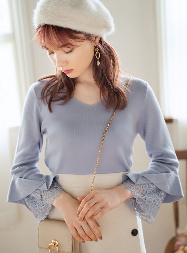 日本 GRL - 氣質V領蕾絲花朵袖針織上衣-天使白