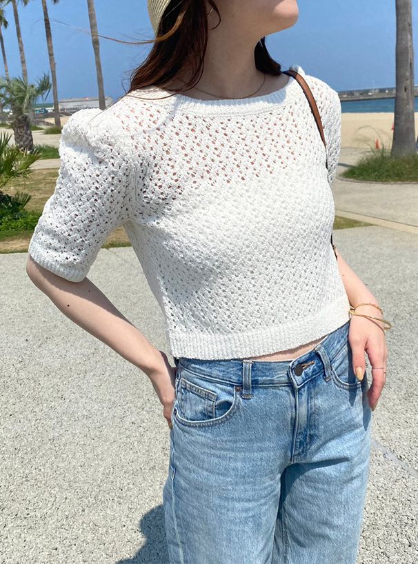 日本 GRL - 清新短版鉤針短袖上衣-冰河藍 (F)