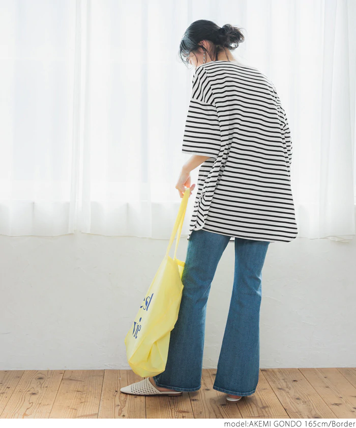 日本 COCA - 美國棉橫條紋寬鬆落肩五分袖長版上衣-黑白