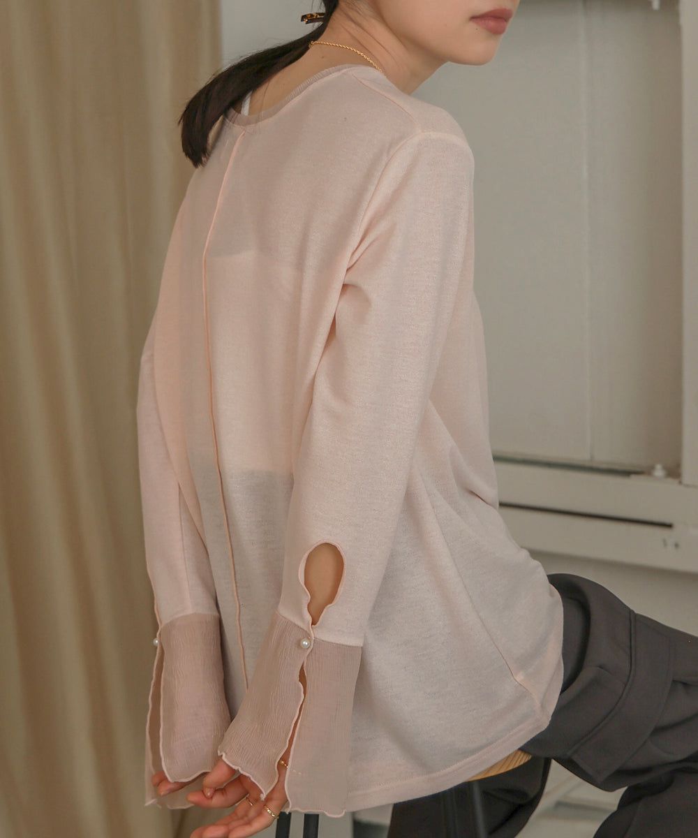 日本 Bab - 楊柳拼接珍珠薄長袖上衣-米杏