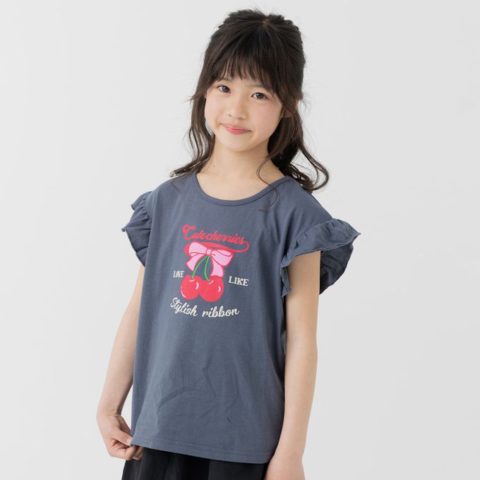 日本 Chil2 - 100%棉 荷葉邊女孩印花短袖上衣-熊熊-粉紅