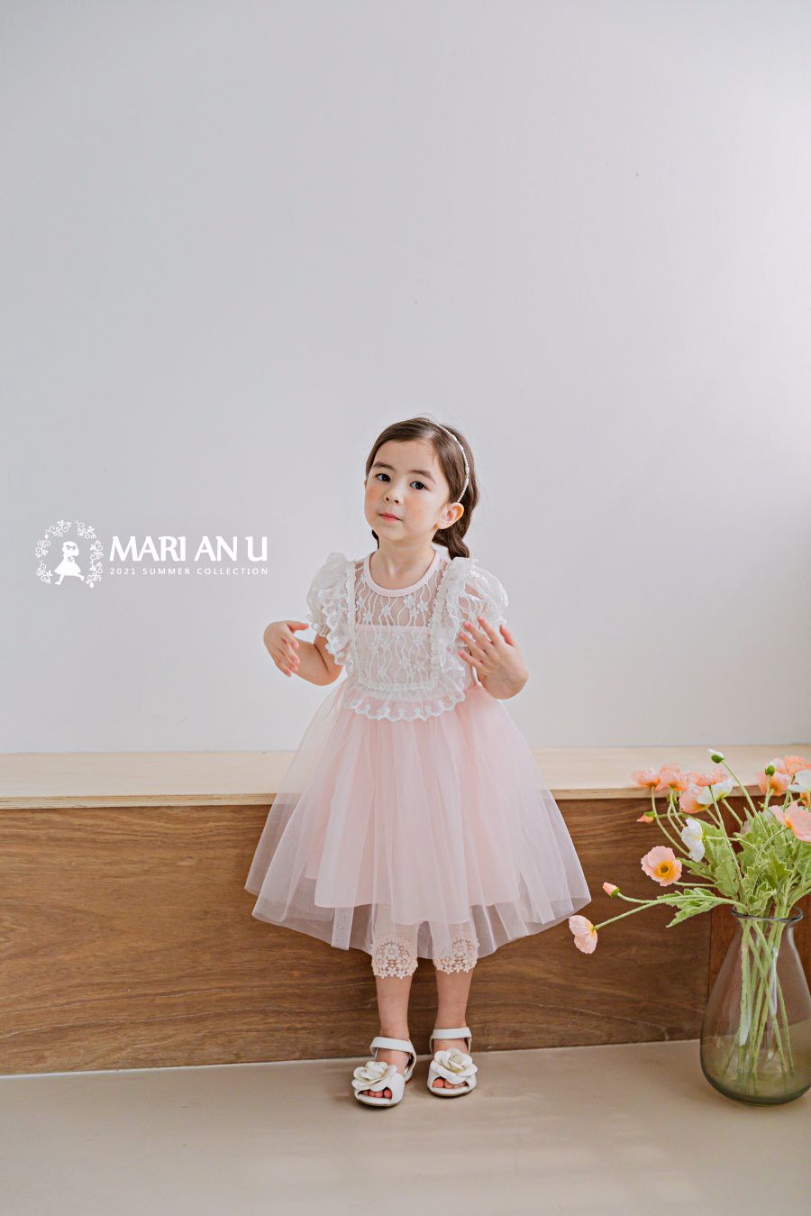 韓國 mari an u - 蕾絲透膚上衣拼接網紗洋裝-粉紅