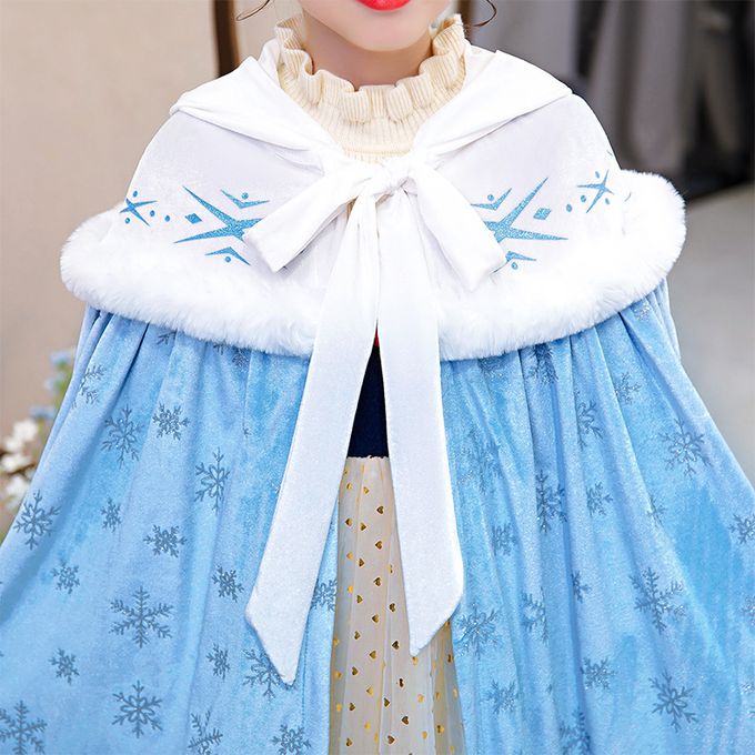 冰雪女王保暖印花斗篷-淺藍色毛領