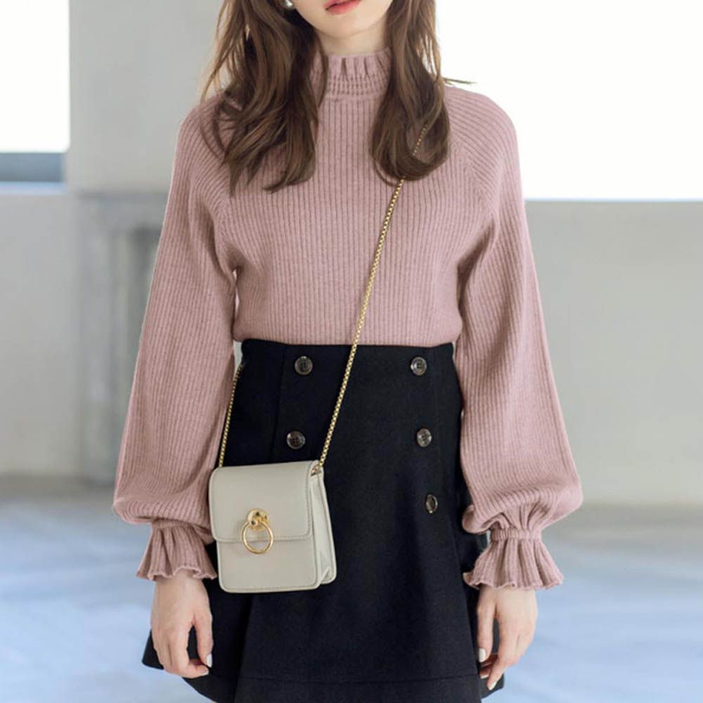 糖果袖荷葉領針織上衣-煙燻粉