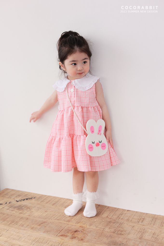韓國 Coco rabbit - (附包包)兔耳造型格子背心洋裝-淺粉