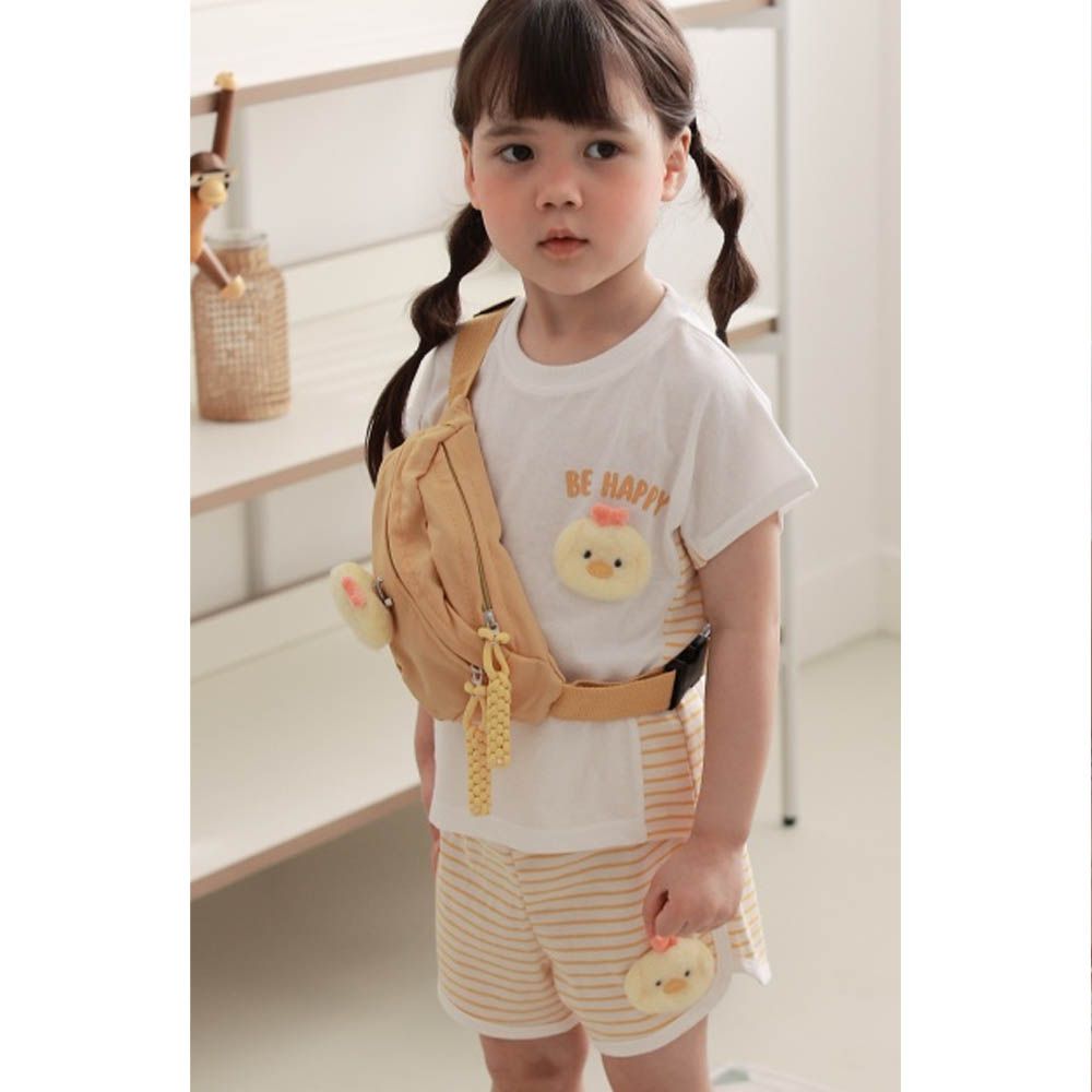 (附包包)毛絨動物上衣X條紋短袖套裝-萌小雞-黃