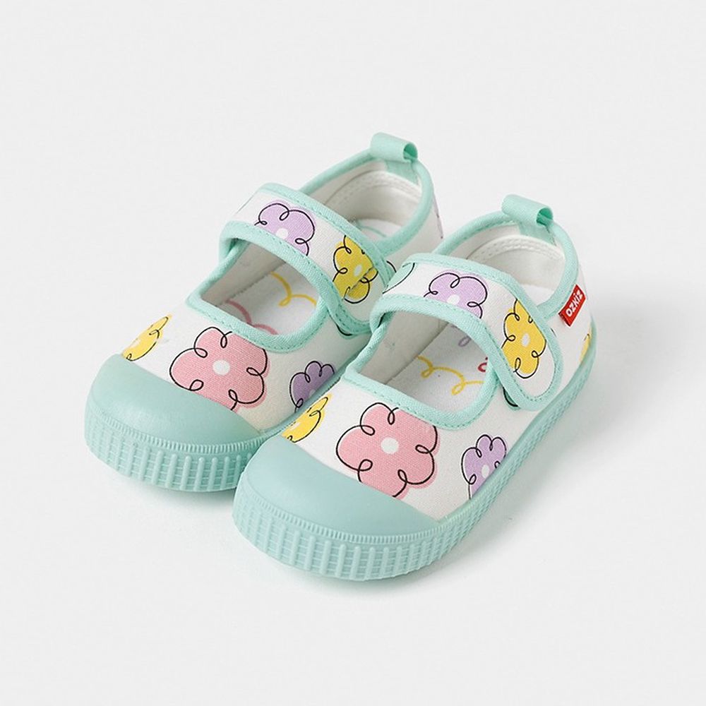 腳趾保護防滑休閒鞋/室內鞋-手繪花朵-米白X湖水綠