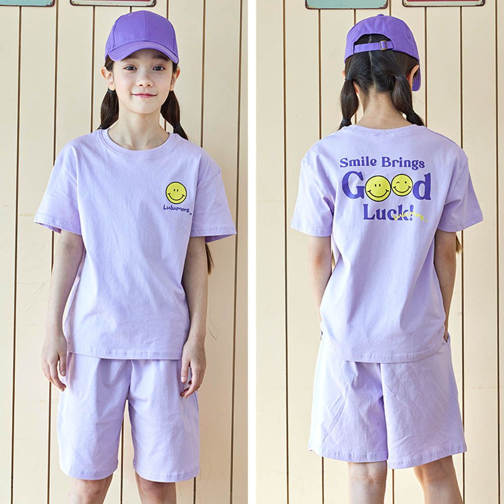 舒適純棉短袖套裝-黃笑臉-薰衣草紫