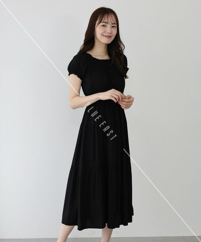 日本 BLUE EAST - 一字領2way露肩迷人短袖洋裝-歐風花卉-海軍藍