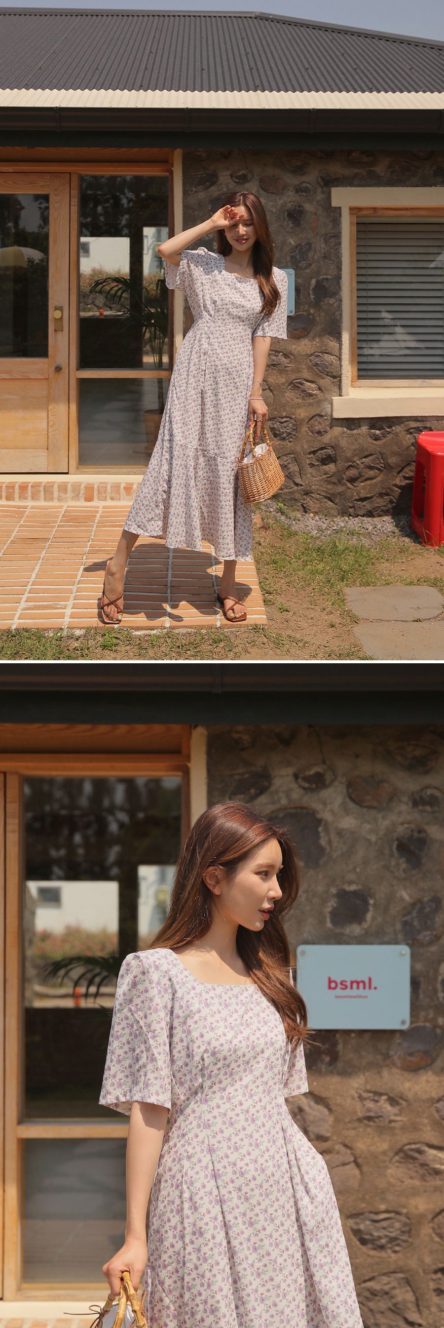 韓國 Urbantheroom - 滿版花朵ㄩ領收腰長洋裝-紫花 (Free)