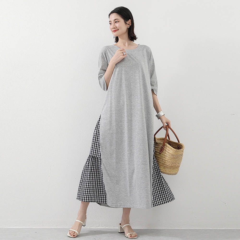 氣質顯瘦A字五分袖長洋裝-側拼接格子-灰色