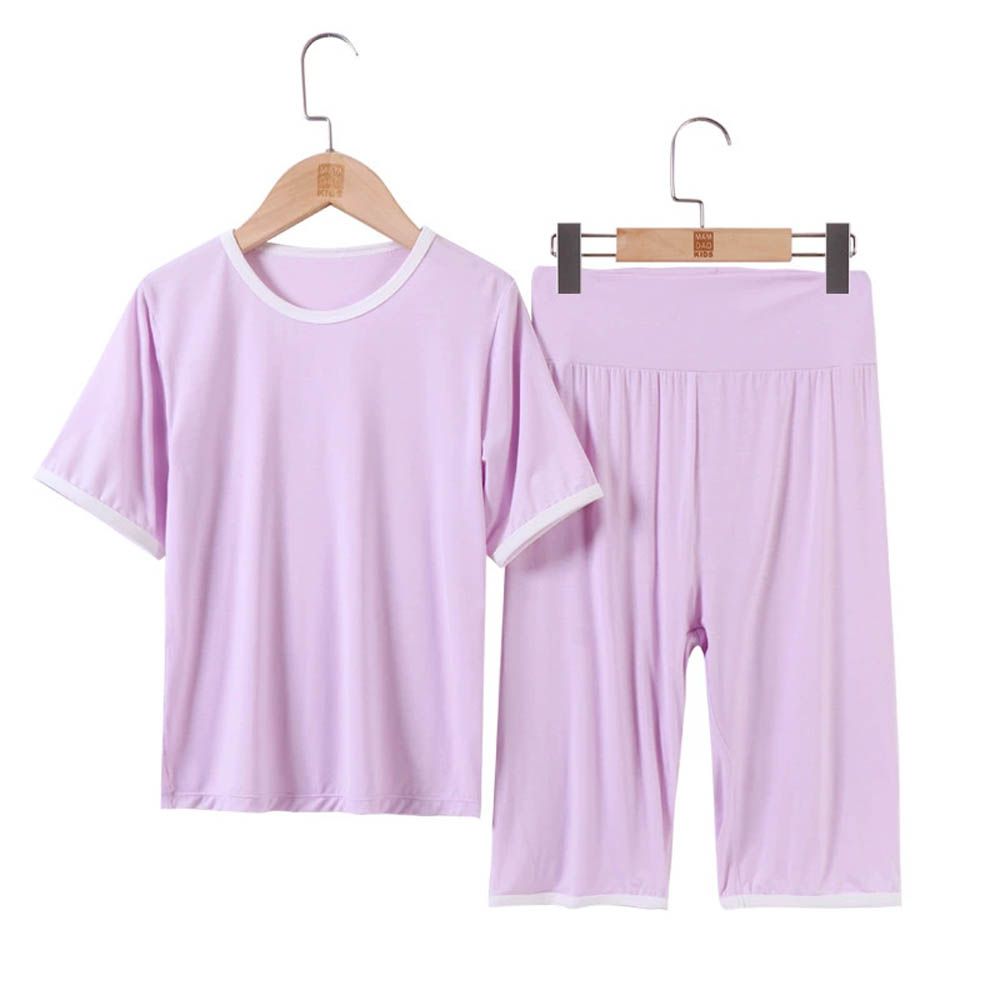 高腰護肚短袖套裝/家居服-紫色