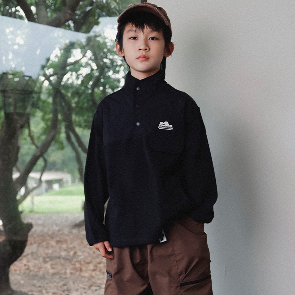 山系刷絨拼接半開襟長袖上衣-黑色