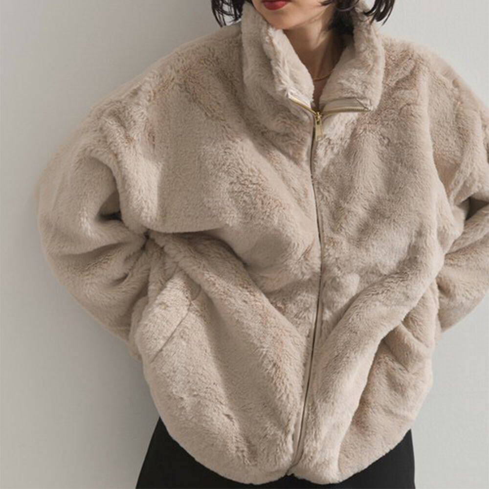 奢華毛絨柔軟寬鬆保暖拉鍊外套-淺卡其