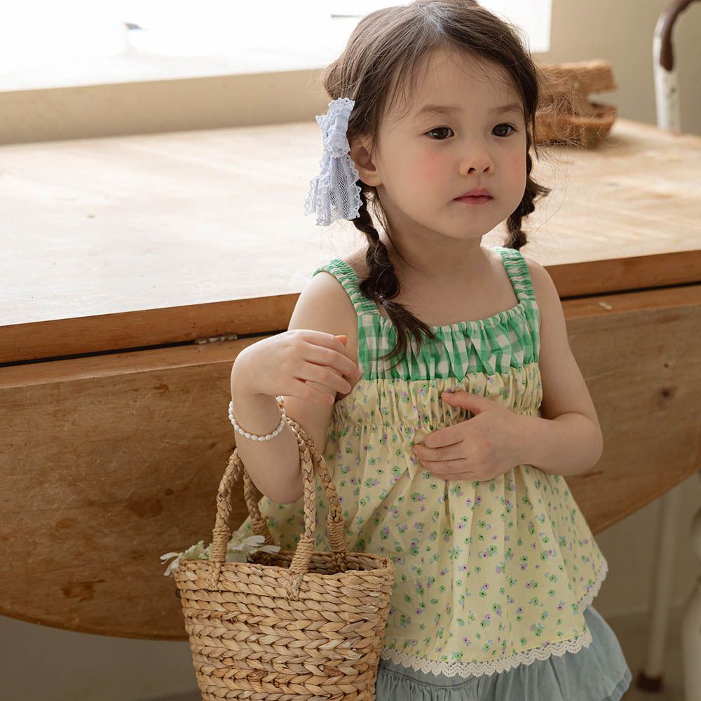 甜心格紋拼接彈性細肩帶上衣-小花彩-淡黃X綠