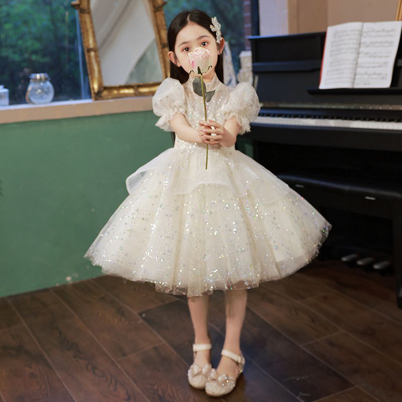 半高領立體雙層網紗公主袖禮服-星星亮片-香檳色