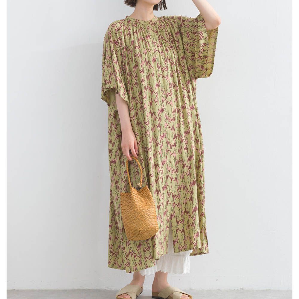 柔滑嫘縈植物印花寬鬆短袖洋裝-綠x桃