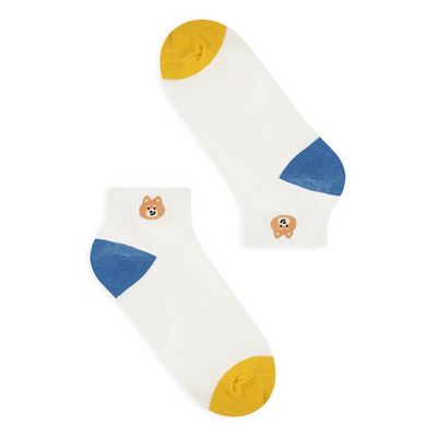 韓國連線 - 韓製動物毛巾繡彈性短襪-狗狗-白 (23-25cm)-1雙