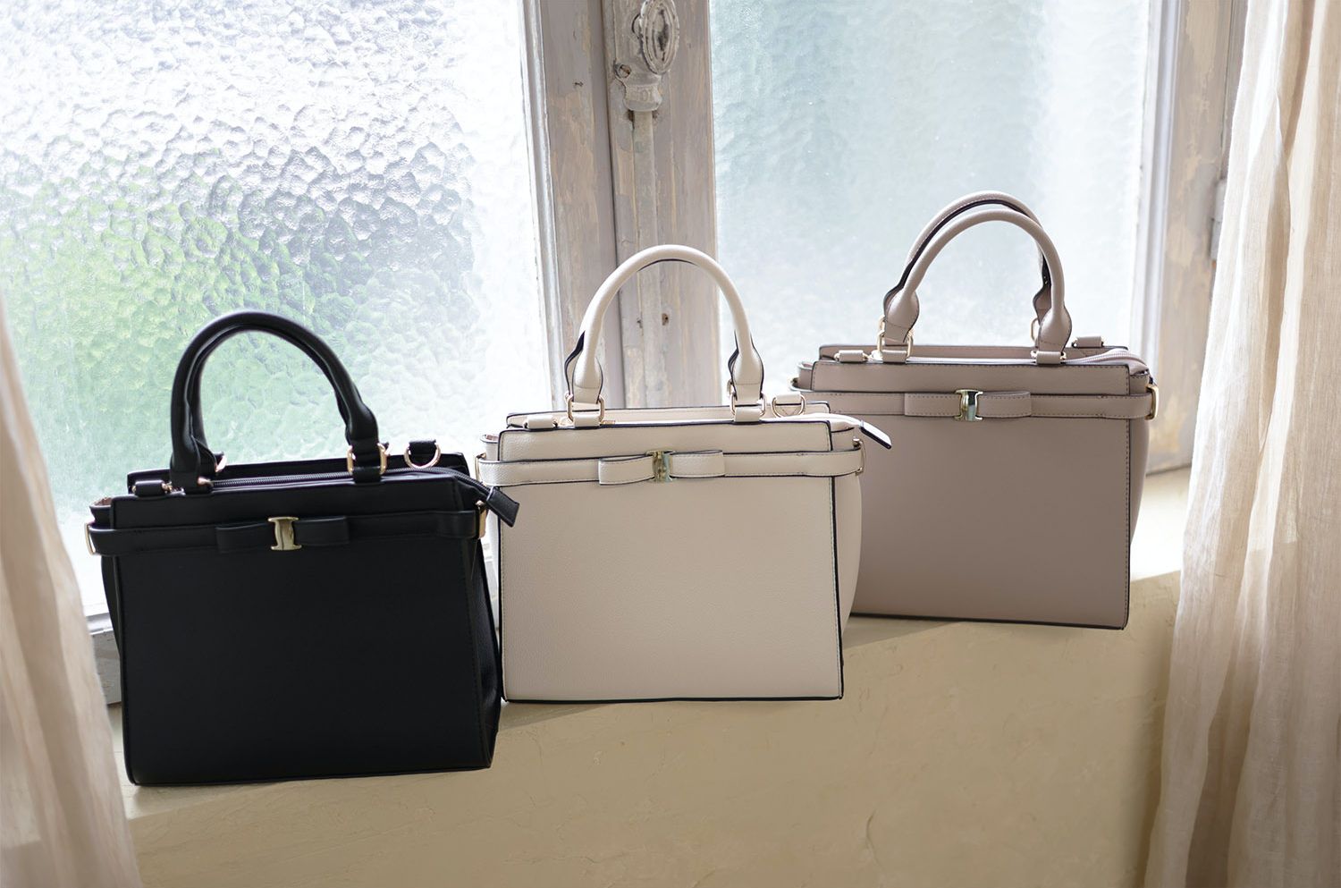 日本 tocco-closet - 蝴蝶結金釦手提包/側背包-氣質杏