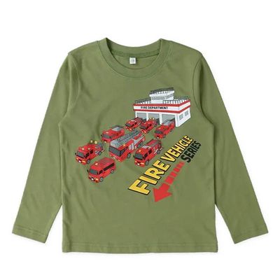 日本西松屋 - 超人氣工作車印花長袖上衣-消防車-綠
