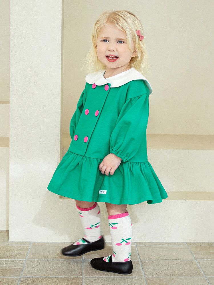 韓國 Pimpollo - 雲朵翻領鈕扣波浪洋裝-綠