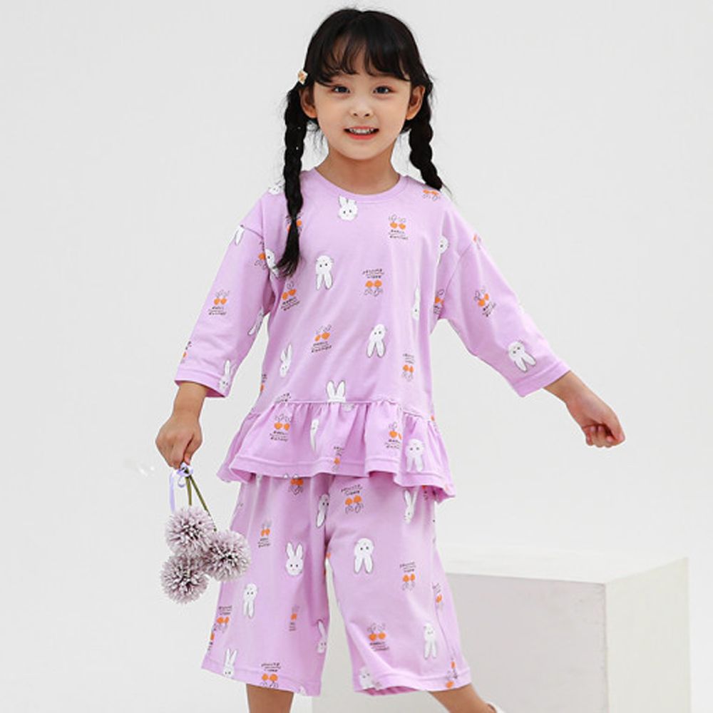 韓國 Ppippilong - 純棉休閒女寶7分袖套裝-兔兔與蘿蔔