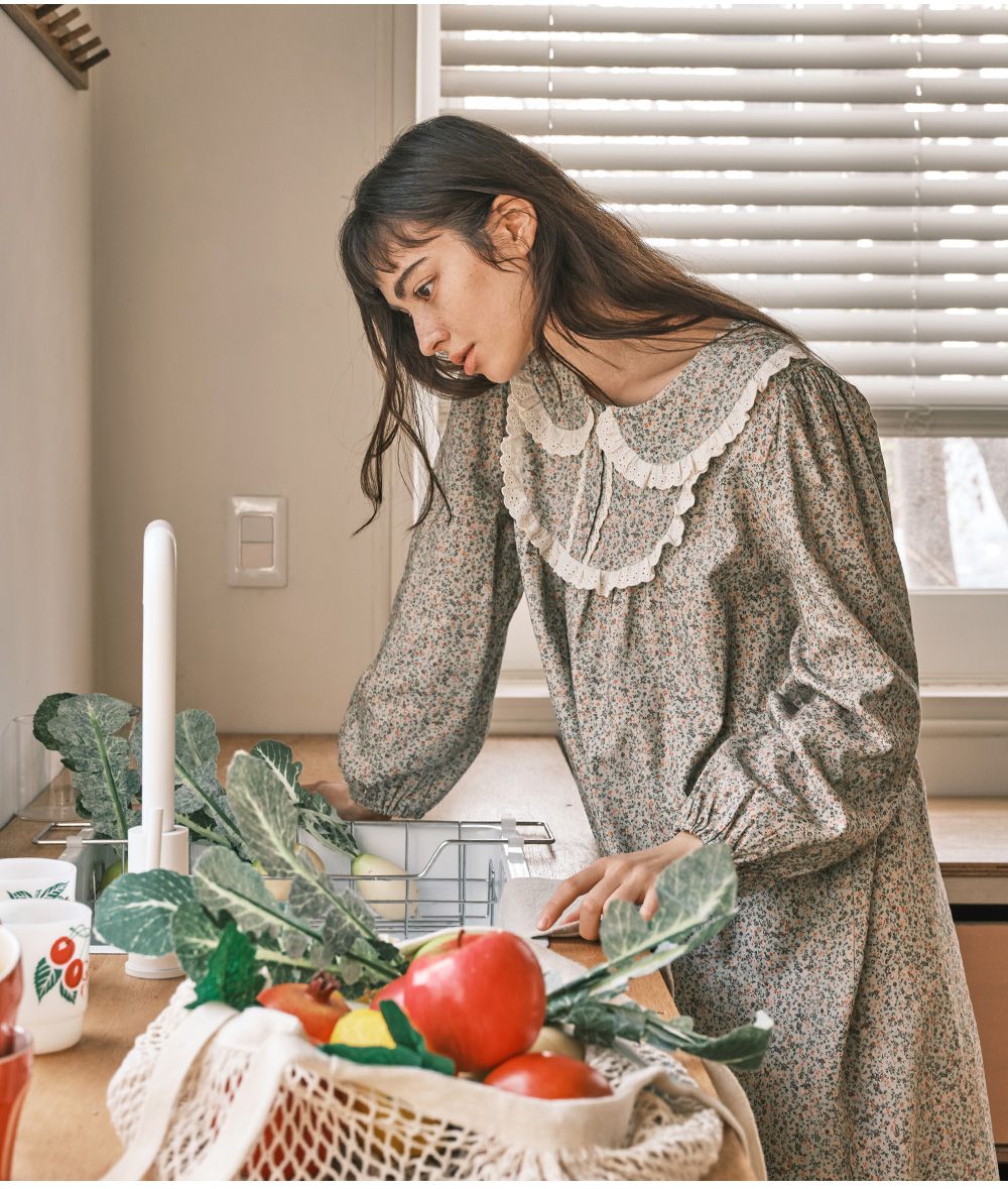 韓國 ULLALA - 浪漫碎花純棉長袖睡衣-(洋裝式)-薄荷綠 (FREE)