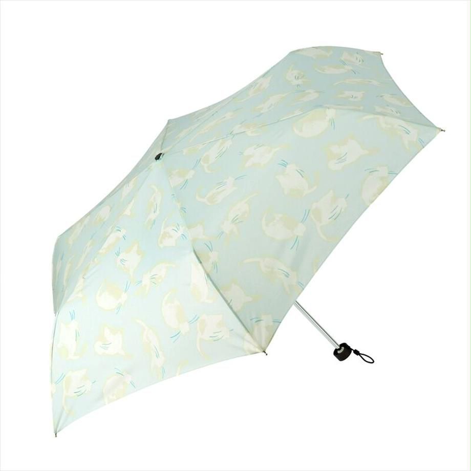 日本 nifty colors - 抗UV輕量 晴雨兩用折疊傘-迷你貓貓-淺灰 (直徑98cm/194g)
