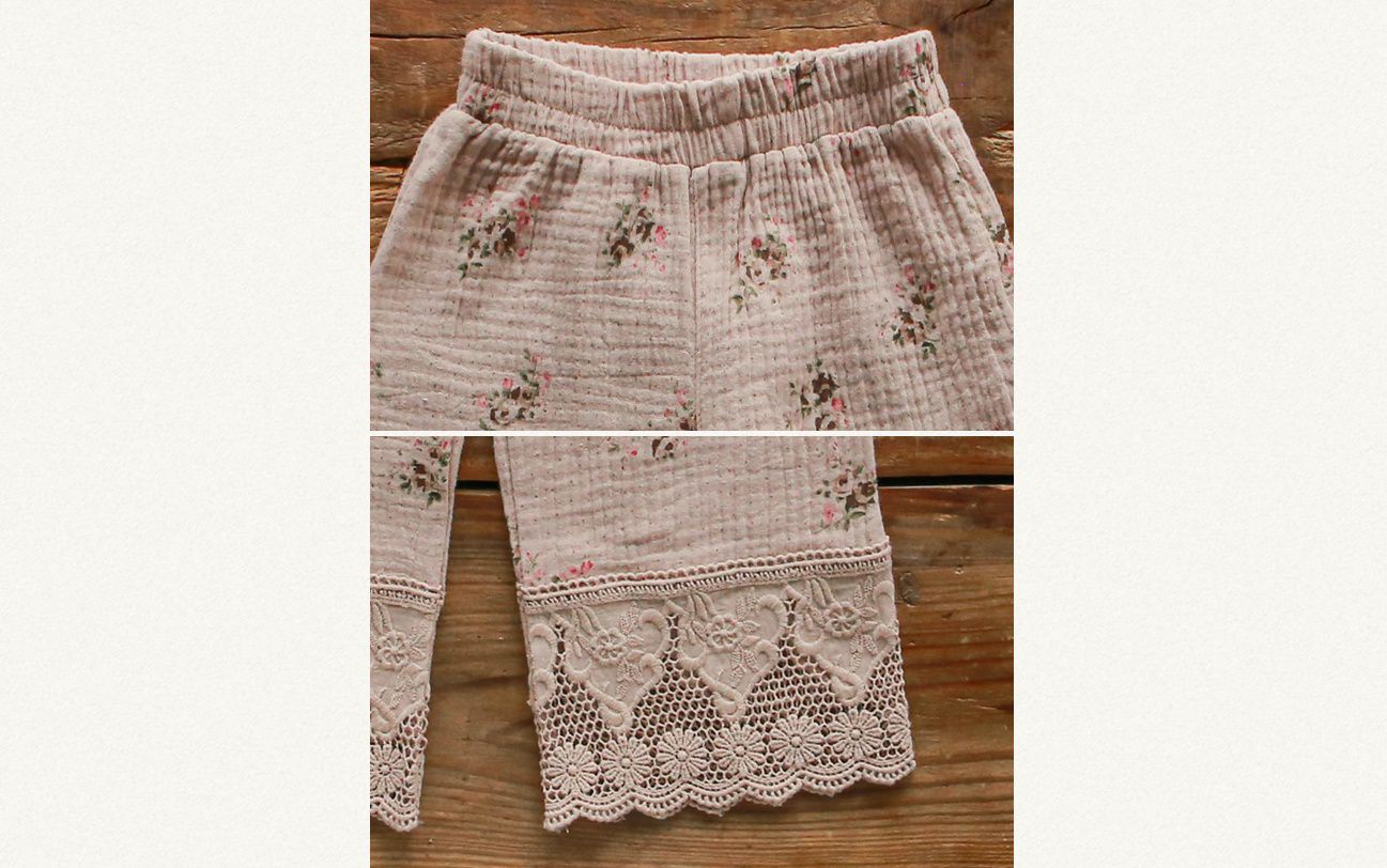 韓國 Puellaflo - 鏤空雕花褲管鬆餅直筒長褲-藕粉