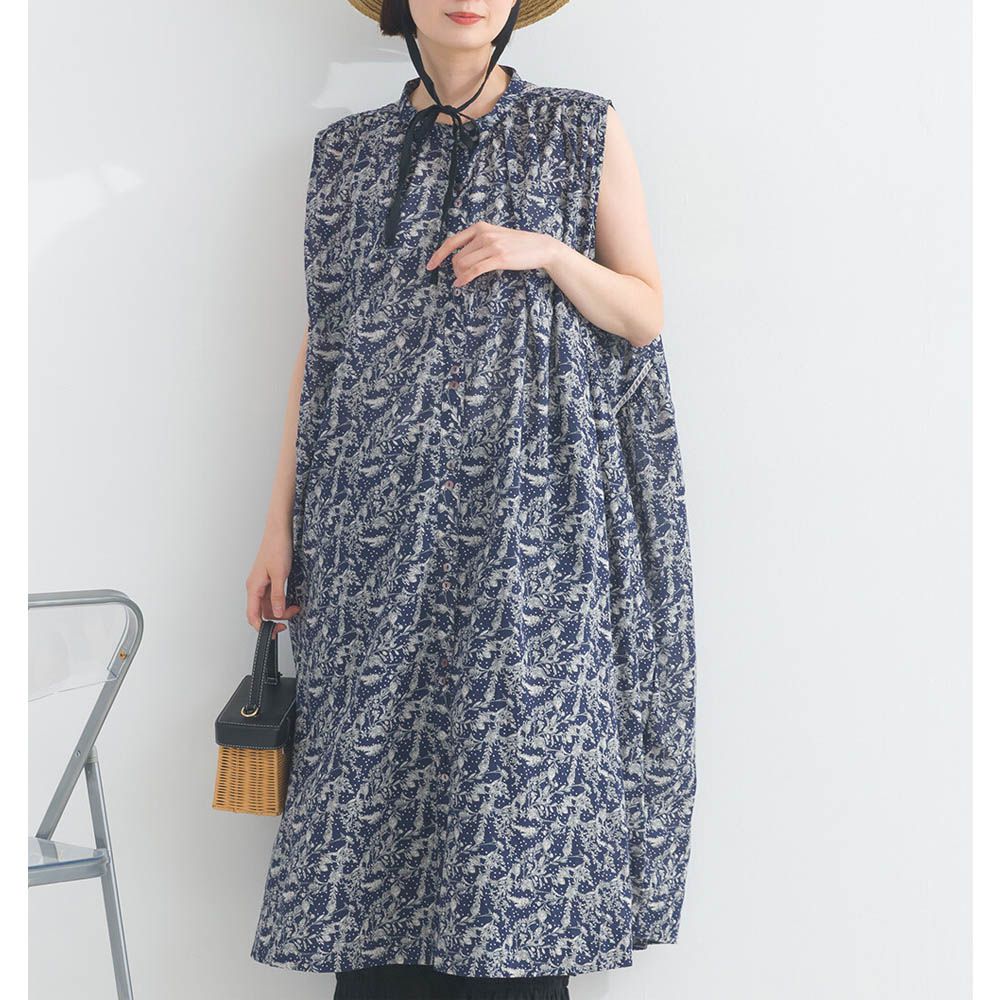 純棉清新植物印花襯衫式無袖洋裝-深藍