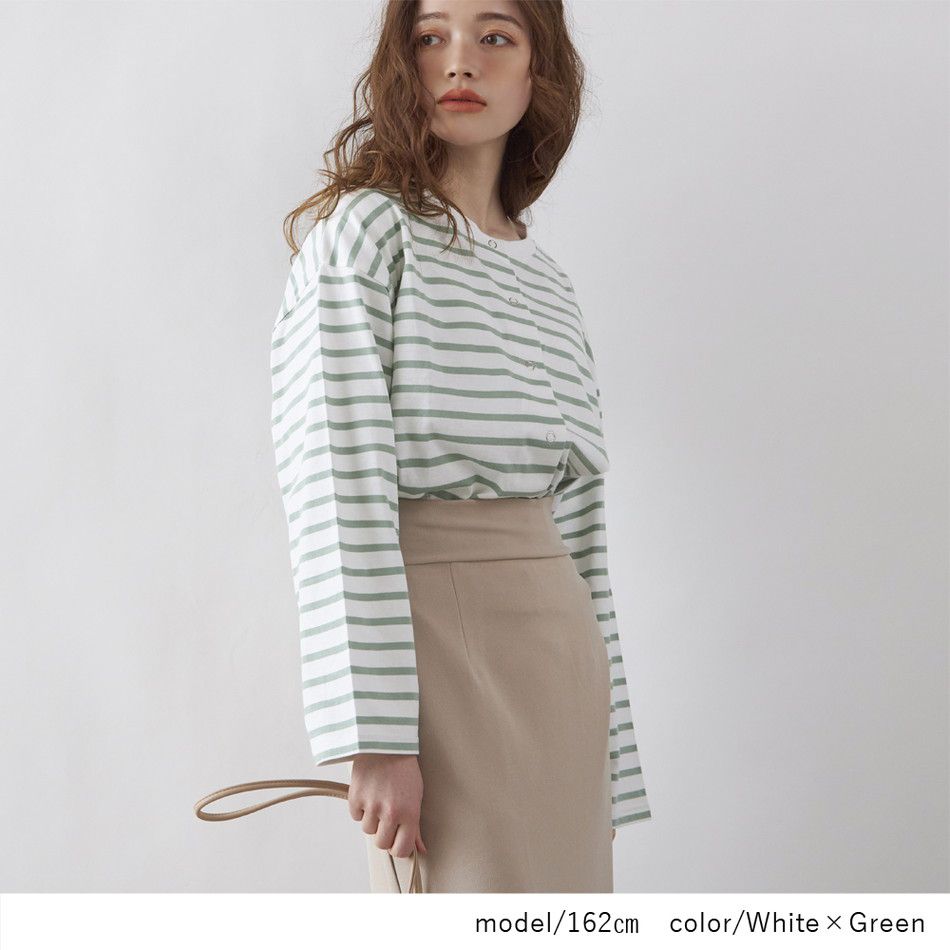 日本 Rejoule - V領橫條紋落肩短版薄外套-藍x白