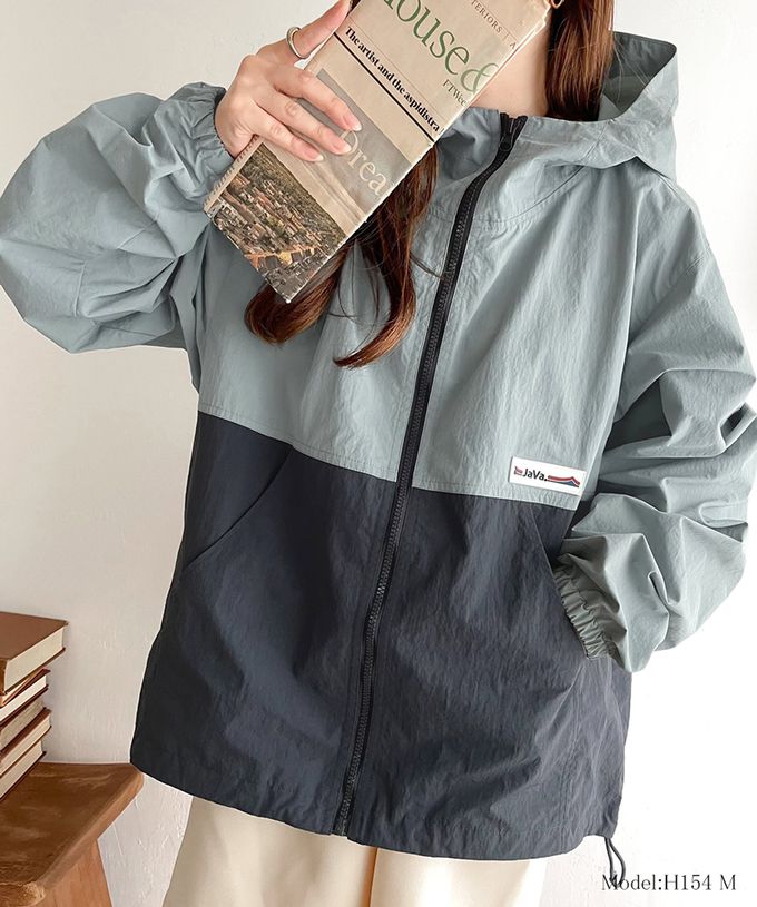 日本 Classical Elf - Java 撞色抽繩防風尼龍外套-象牙白x灰