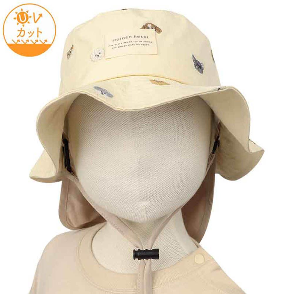 漁夫帽-滿版刺繡 附防曬遮陽布-象牙白色