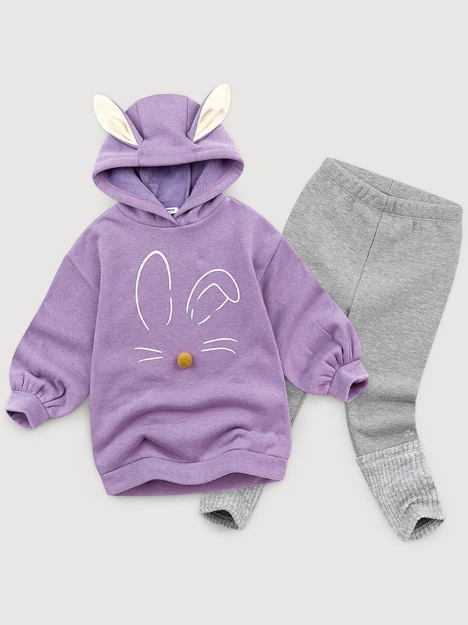 韓國 Jelispoon - 可愛兔子連帽長版套裝(內刷毛)-紫X灰