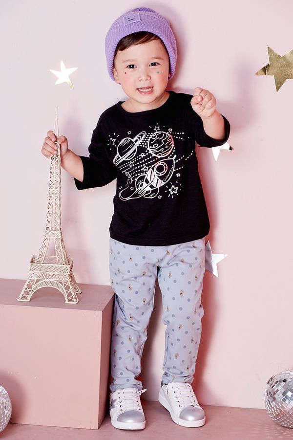 麗嬰房 Little moni - 宇宙探索印圖七分袖-黑色