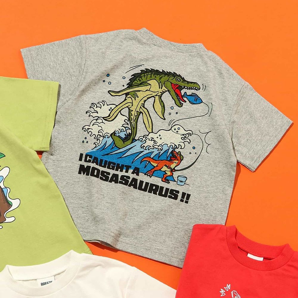 熱情恐龍 純棉印花短袖上衣-驚險釣魚-淺灰