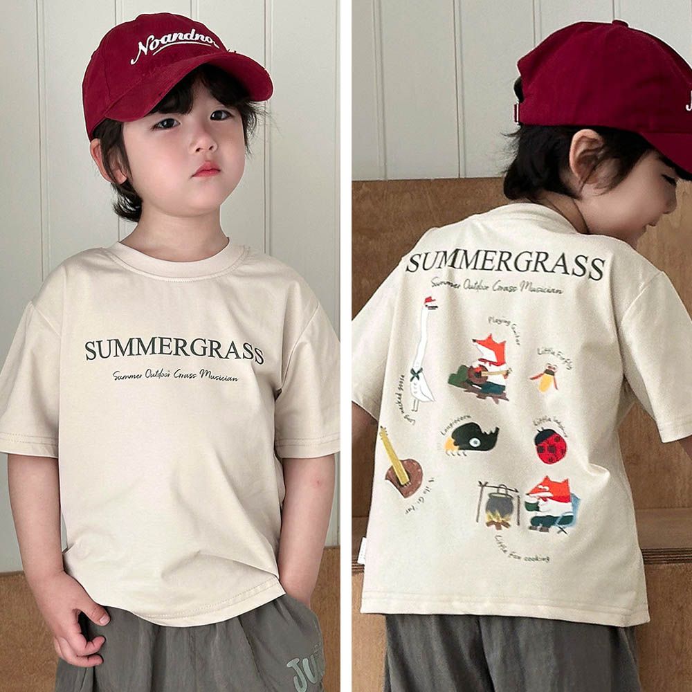 涼感吸濕透氣圓領短袖上衣-小狐狸郊遊-卡其