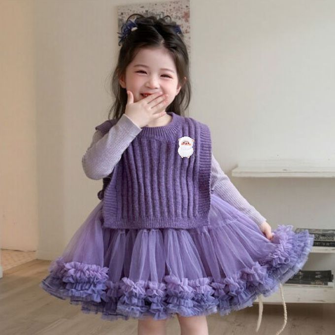 新年生日可愛漸層紫羅蘭蛋糕網紗長袖洋裝